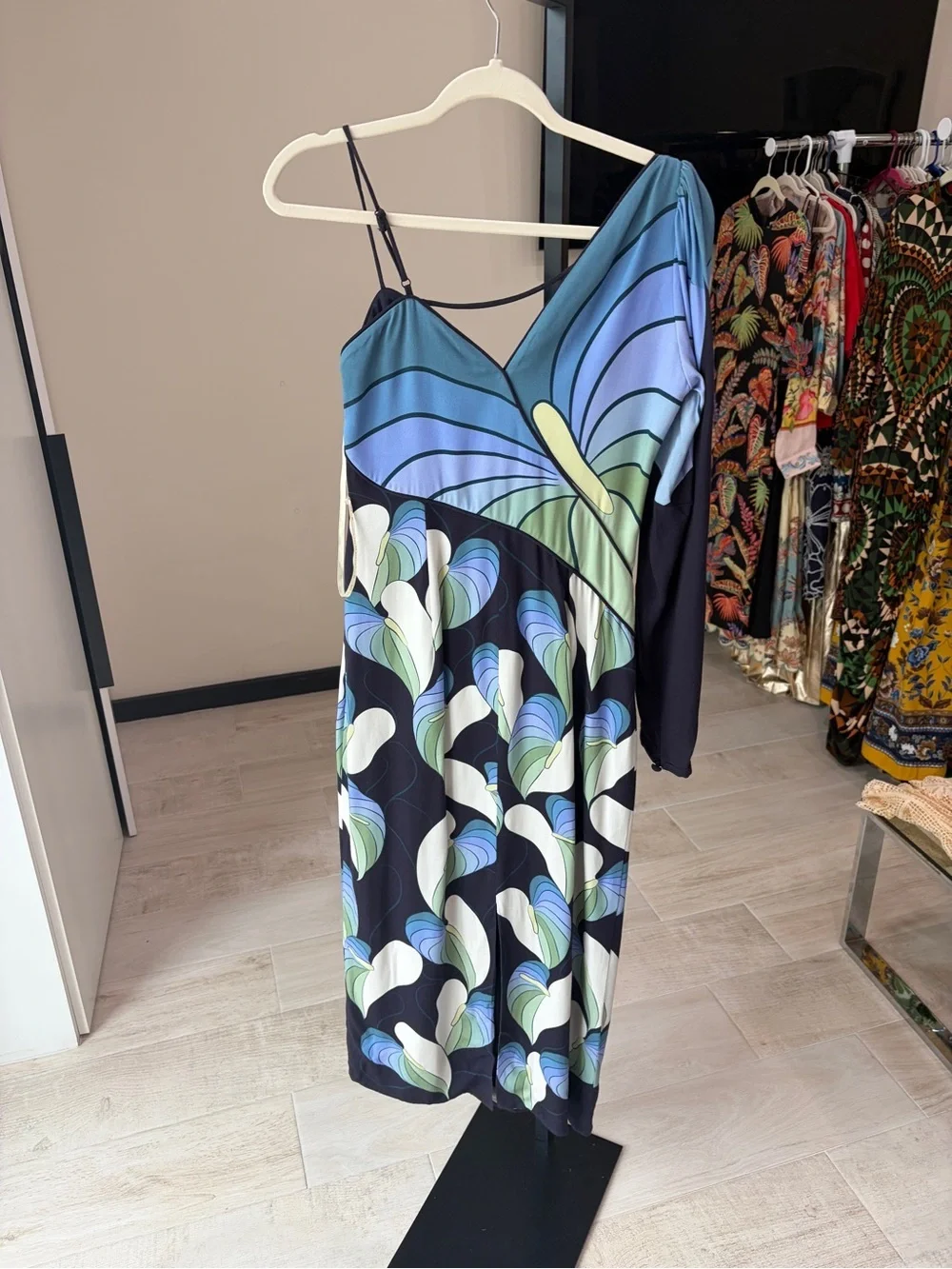 Farm Rio , Black Lovely Anthurium One-Shoulder Maxi Dress
